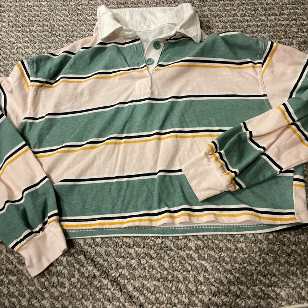 SO Striped Cropped Rugby Polo in Green, Pink & Yellow